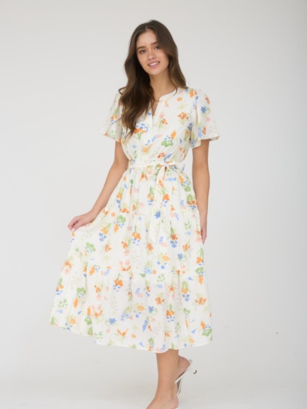 Floral Split Neck Belt Strap Tiered Midi Dress